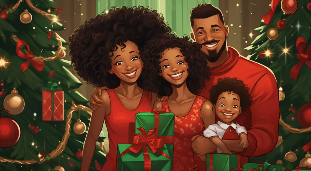 a cartoon of a family with presents in front of a christmas tree