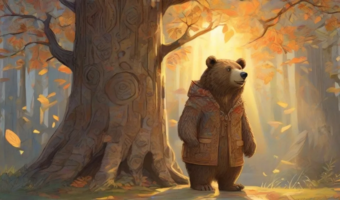 a painting of a bear standing in front of a tree