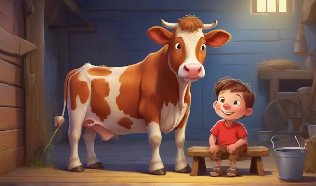 a boy sitting on a bench next to a cow