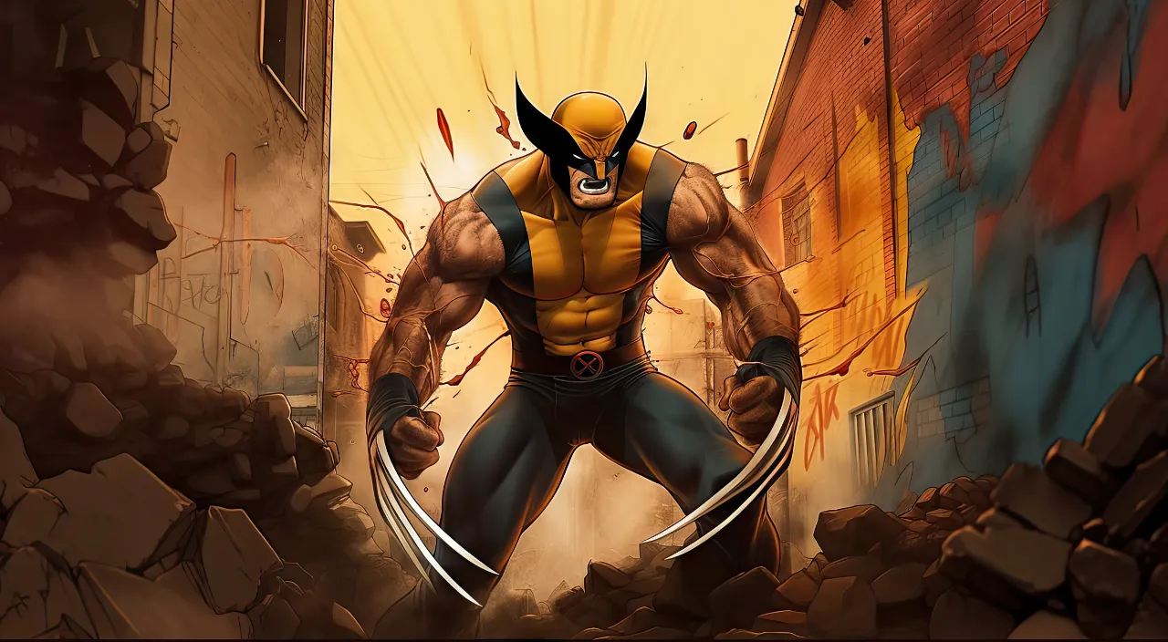 a man in a wolverine costume standing in front of a pile of rubble