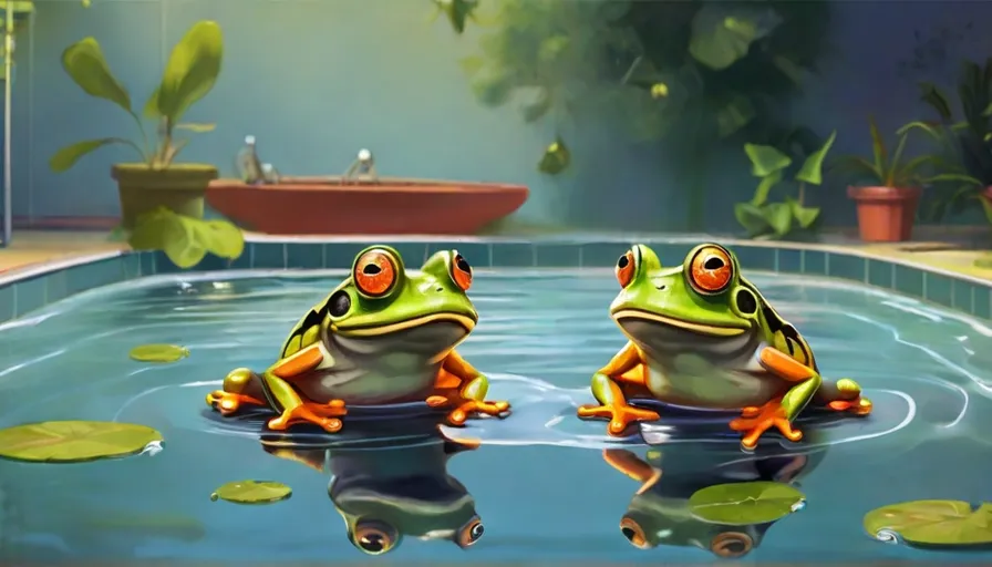 a couple of frogs sitting on top of a pool of water