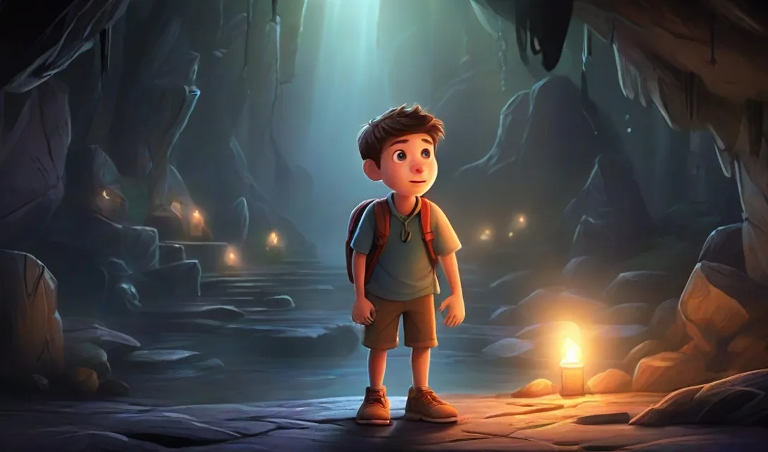 a young boy standing in front of a light in a cave