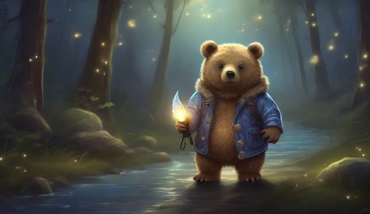 a painting of a bear holding a light in a forest