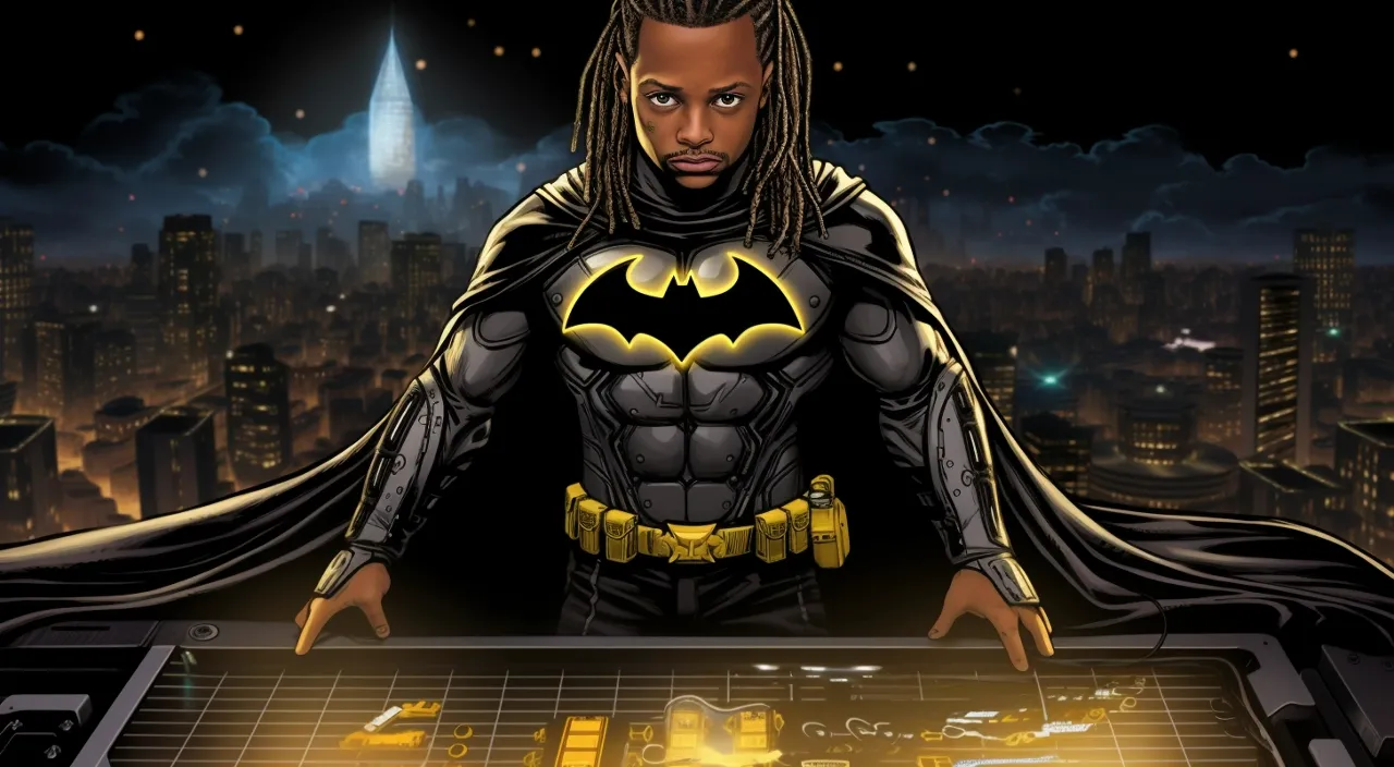 a seven year old black kid, bat boy superhero with stitch braids hairstyle about to jump off the roof of a skyscraper, in the style of mark brooks and Andrew boog faithfull black with yellow batman symbol on his bat suit, heroic, commission for, smilecore, black background, lit-up Gotham city architecture behind him, captivating portraits, 32k