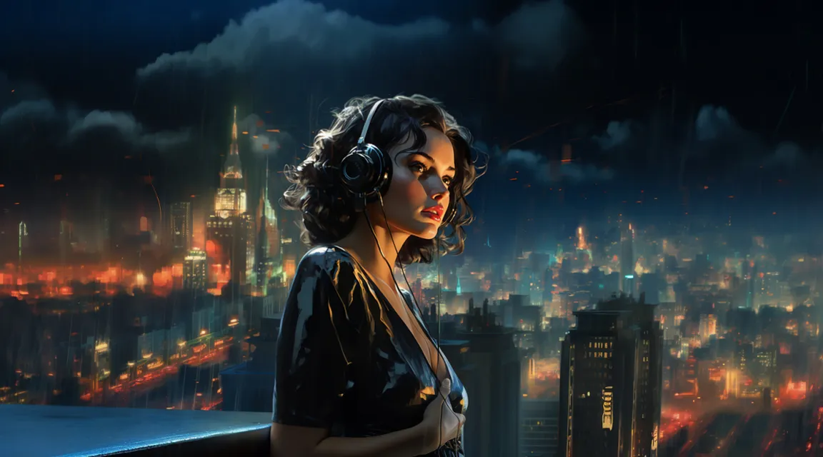 a woman with headphones standing in front of a cityscape