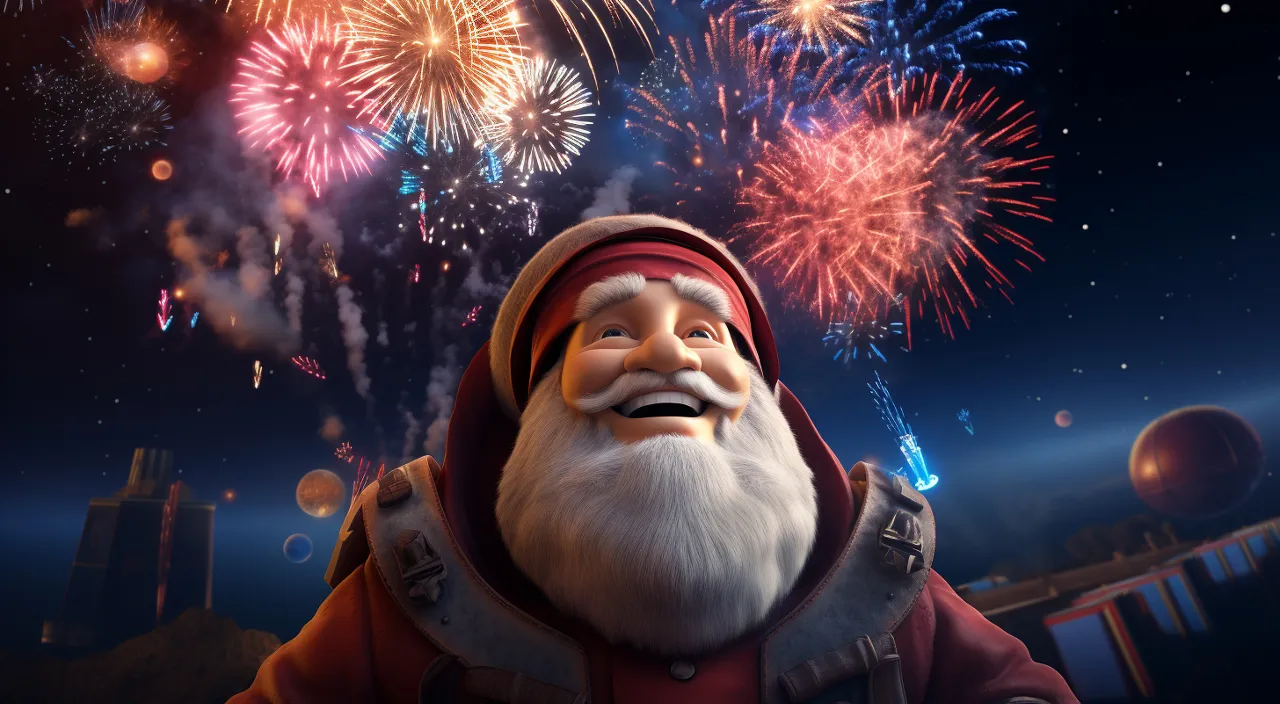 a santa clause with fireworks in the background