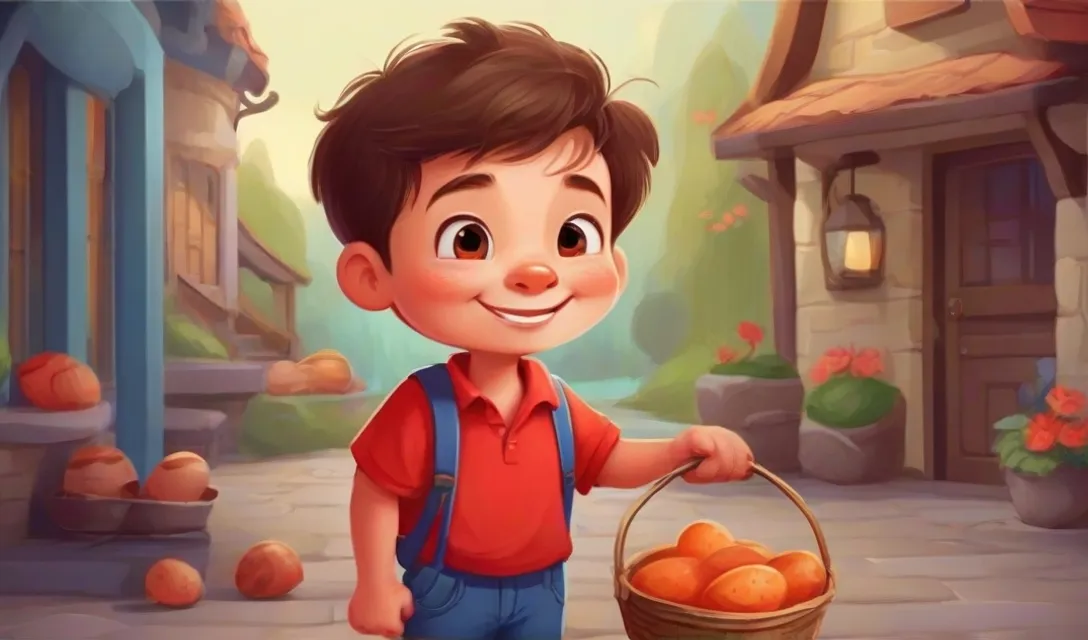 a young boy holding a basket of oranges