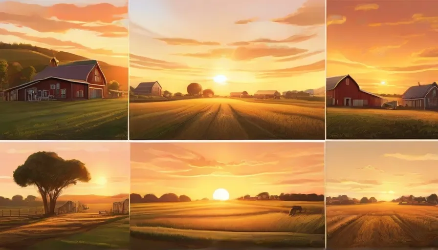 a series of pictures of a farm at sunset