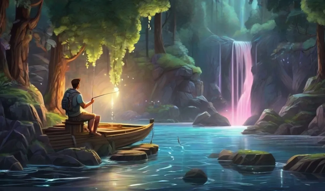 a painting of a man fishing in a boat near a waterfall