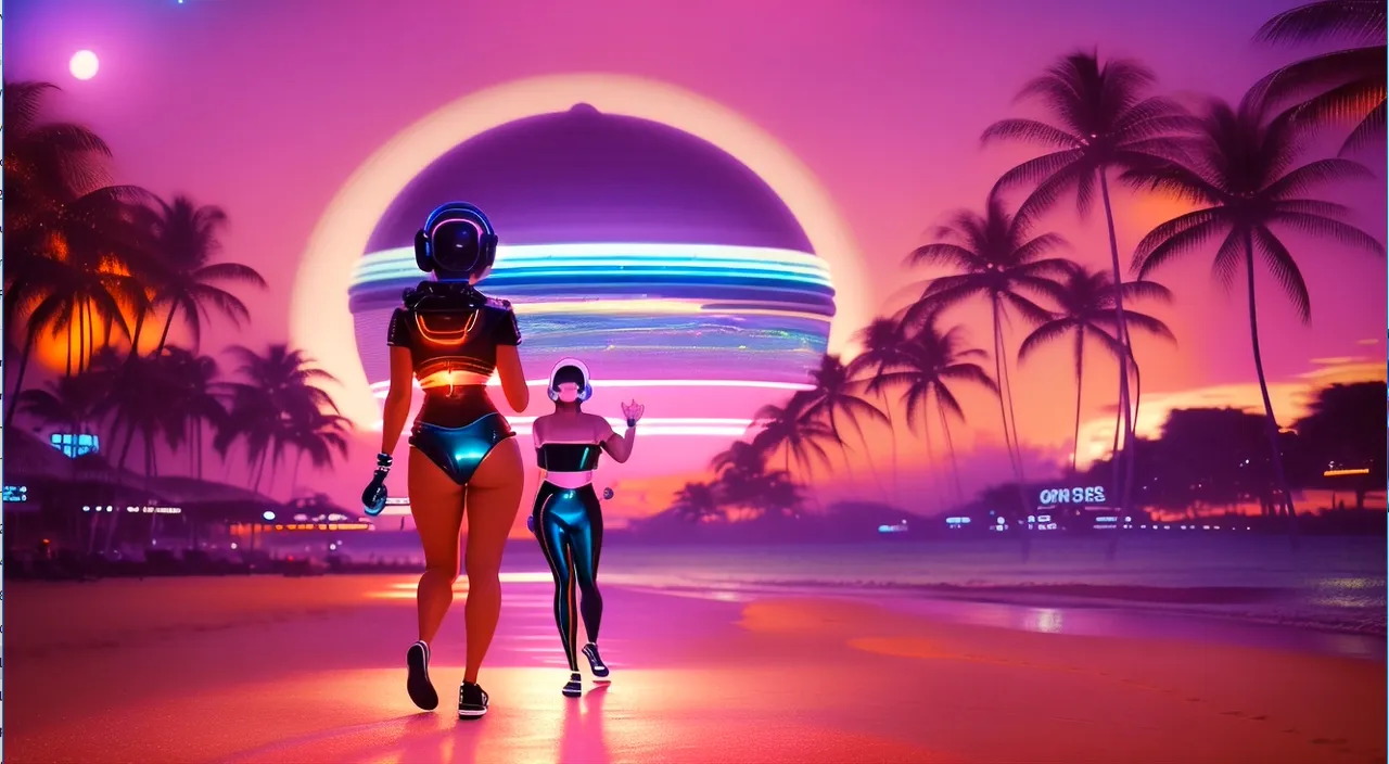 a couple of women with headphones and iPhones dancing down a beach next to palm trees, wearing tennis whose and white scoks