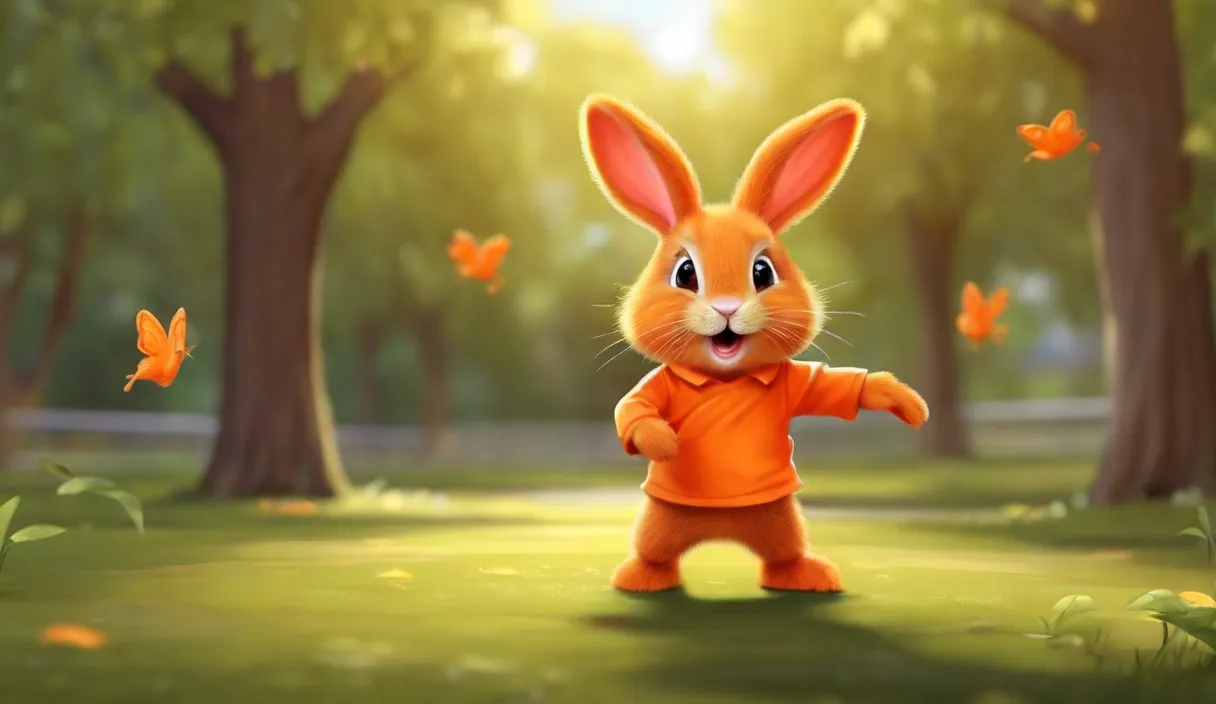 a rabbit in an orange outfit standing in the grass