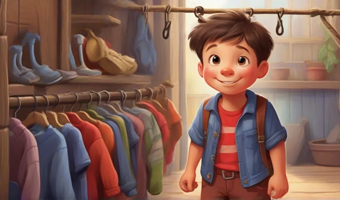 a young boy standing in front of a rack of clothes