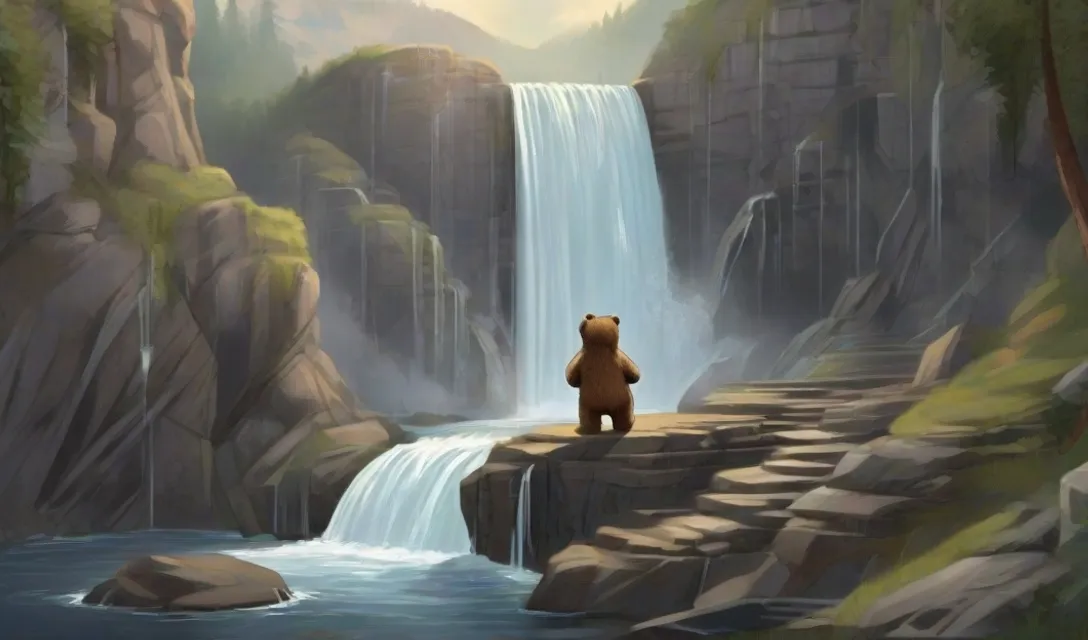 a painting of a bear standing on a cliff near a waterfall