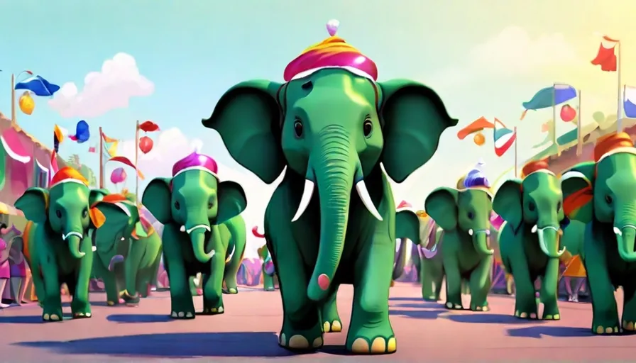 a group of green elephants walking down a street