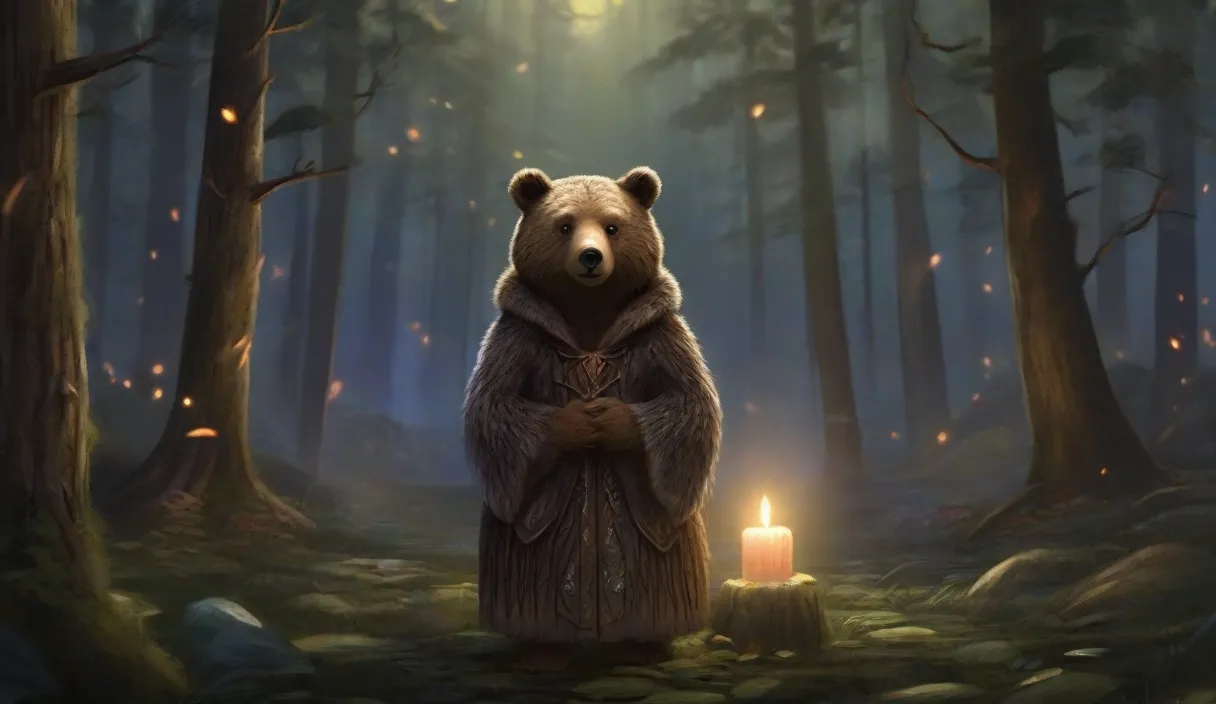 a brown bear standing in a forest next to a lit candle