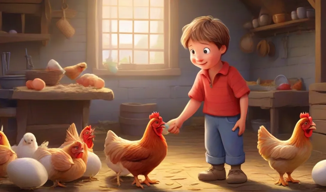 a little boy standing next to a bunch of chickens