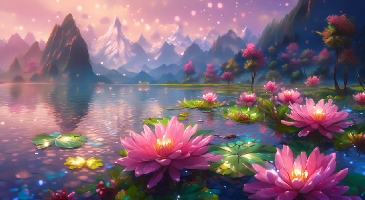 a painting of water lilies with mountains in the background