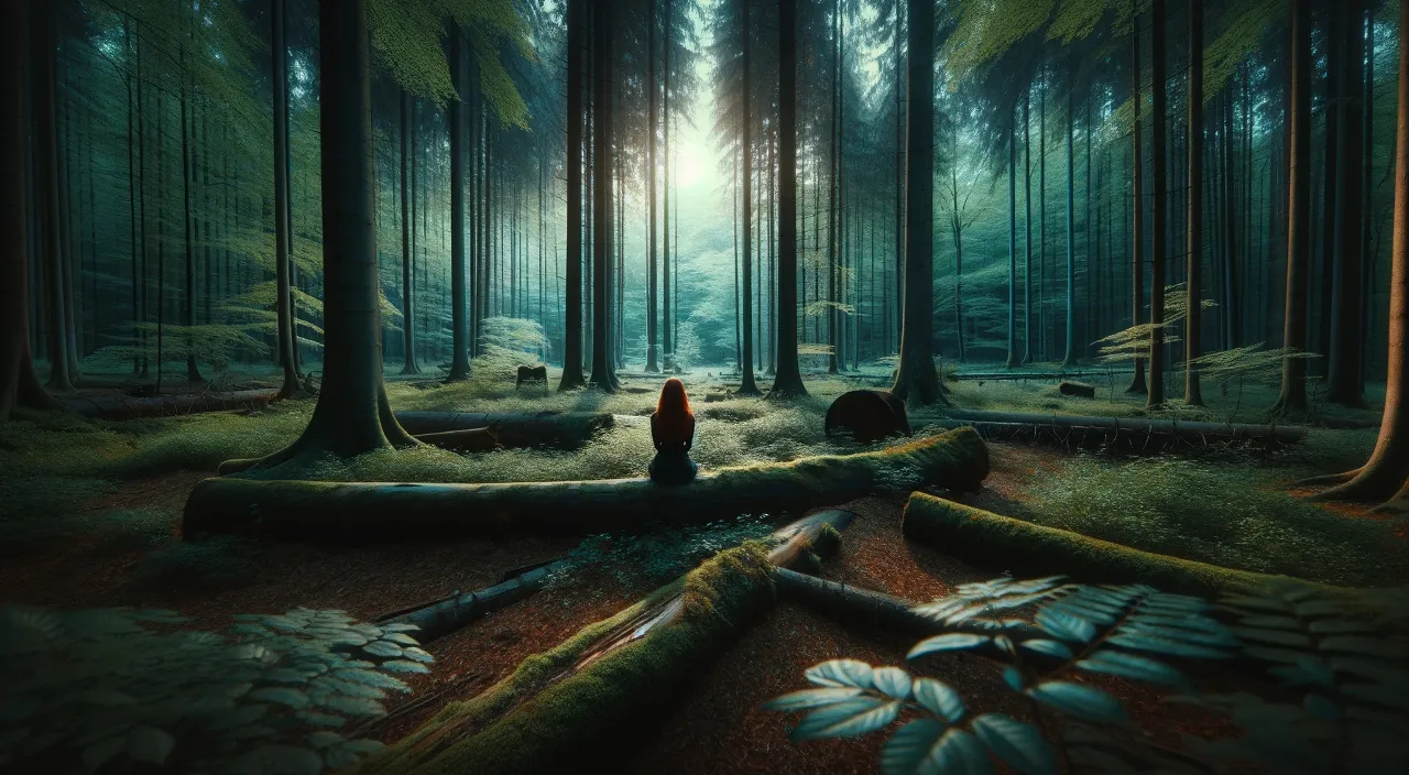 a person sitting peacefully on a fallen log in the middle of a forest