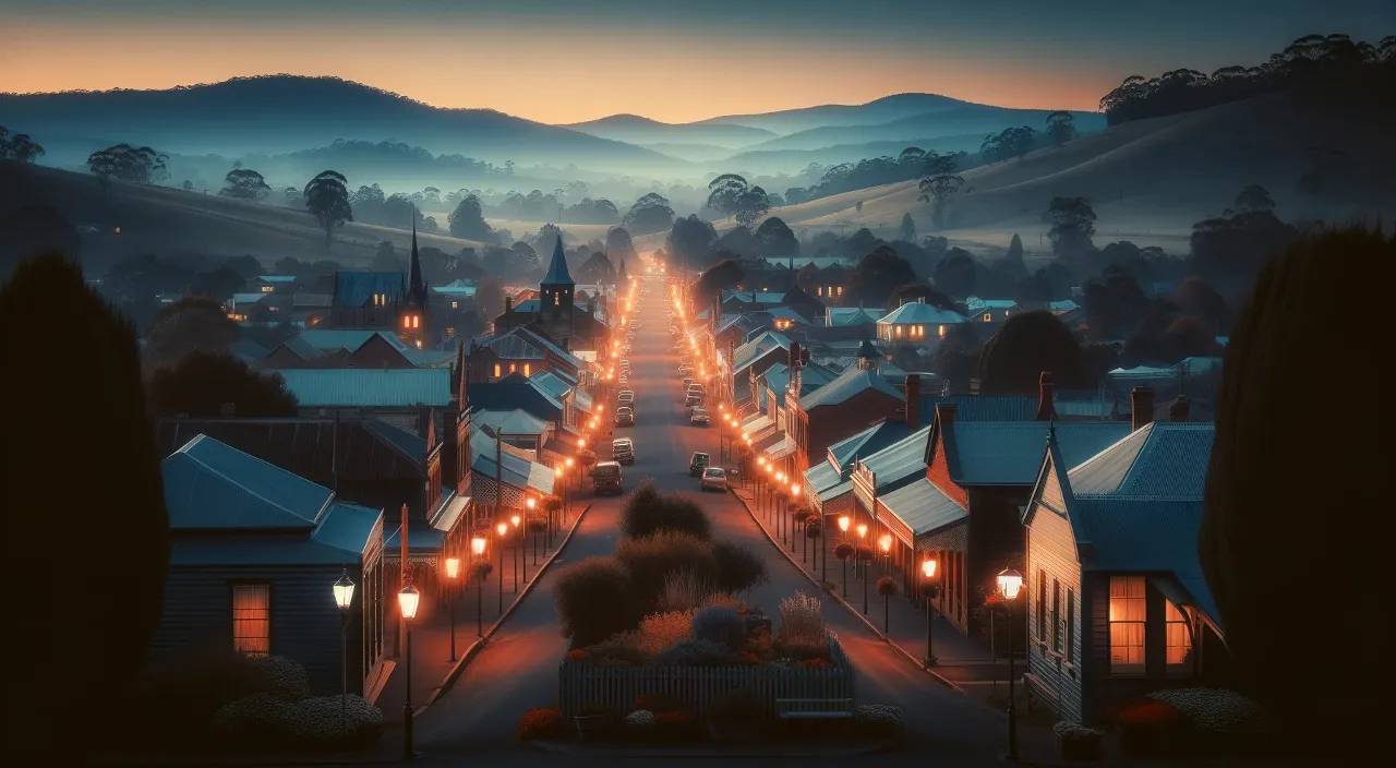 a city street at night with a mountain in the background