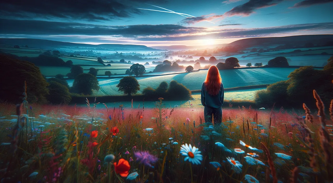 a painting of a woman standing in a field a sunset.