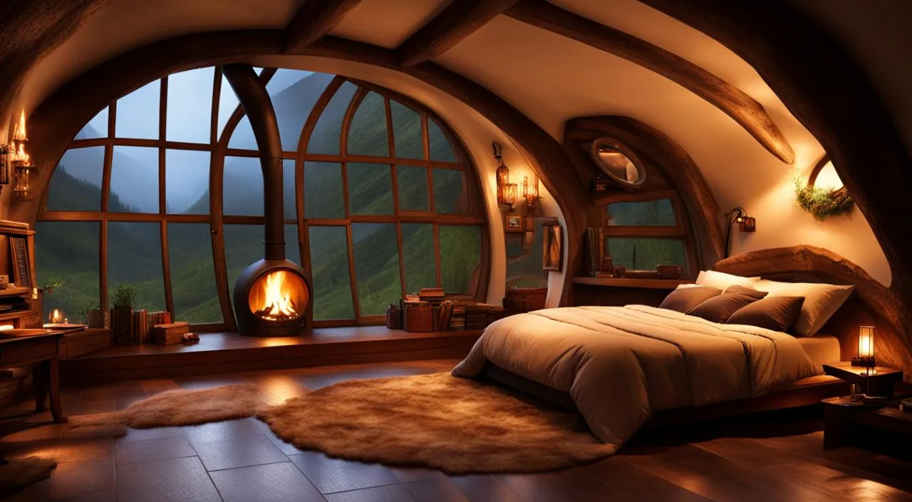 a bedroom with a bed and a fireplace in it