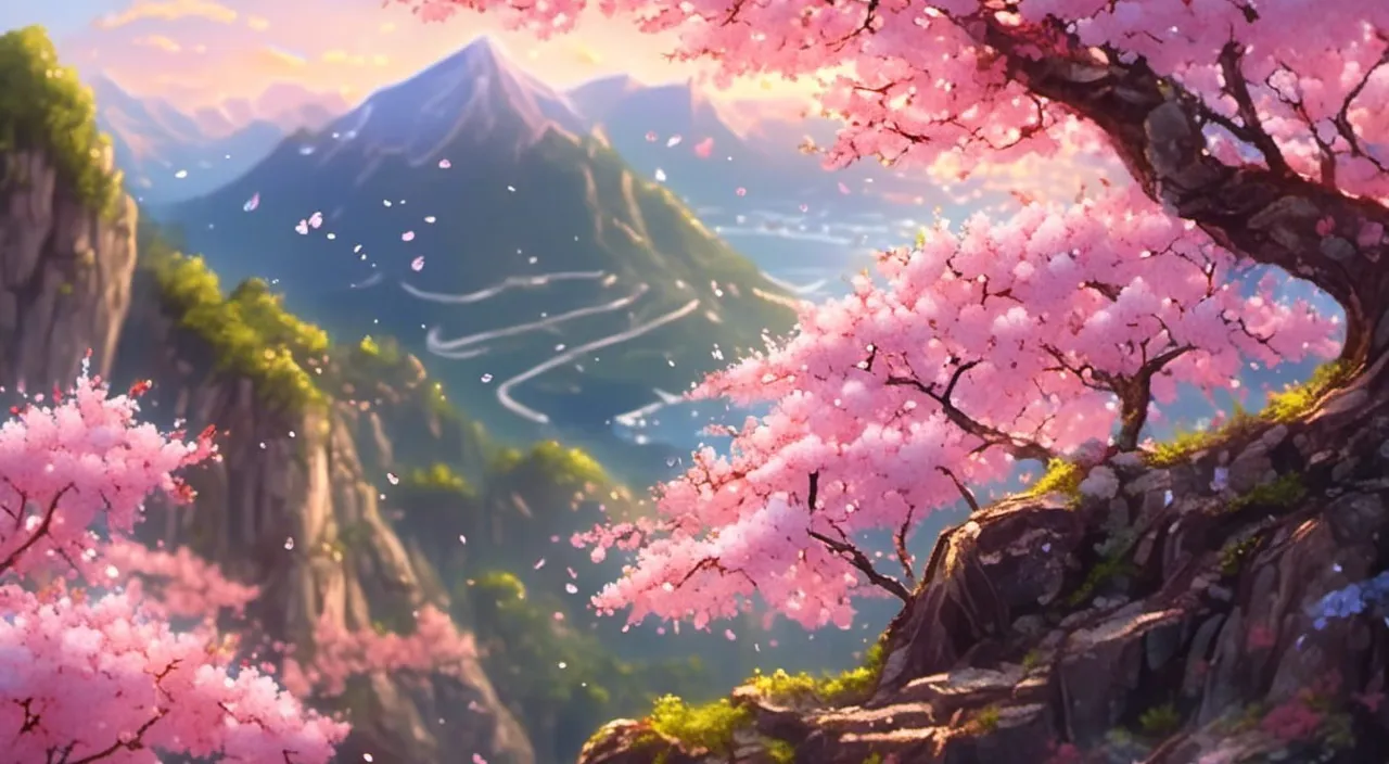 a painting of a mountain with pink flowers