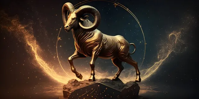 a golden ram standing on top of a rock money coin falling down