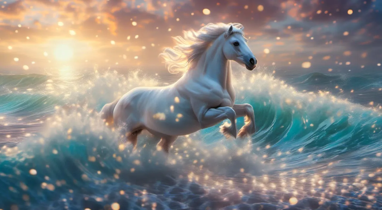 a white horse running through the ocean waves, no camera motion