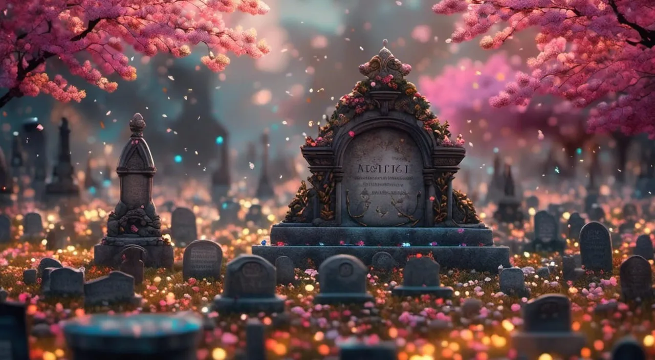 a cemetery surrounded by pink flowers