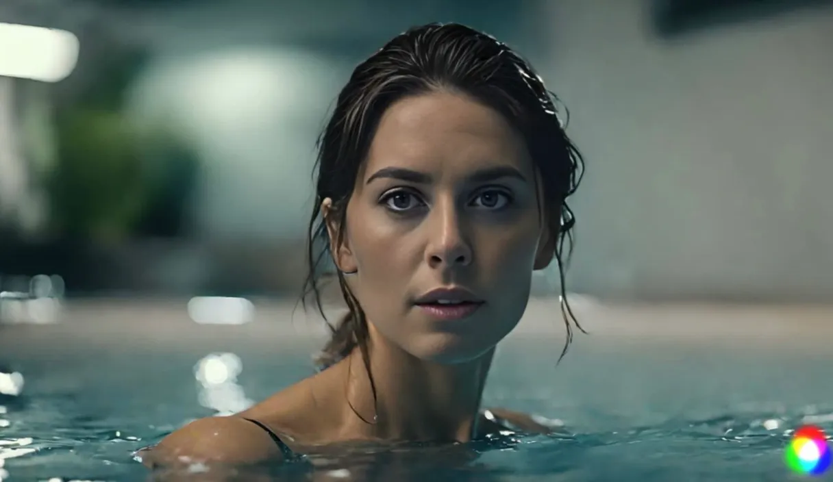 woman in survival mode, intense fear on her face, full-body shot, sinking into deep water, struggling to resurface, bubbles emanating from her mouth, highly detailed, realistic water movements, dramatic cinematic style