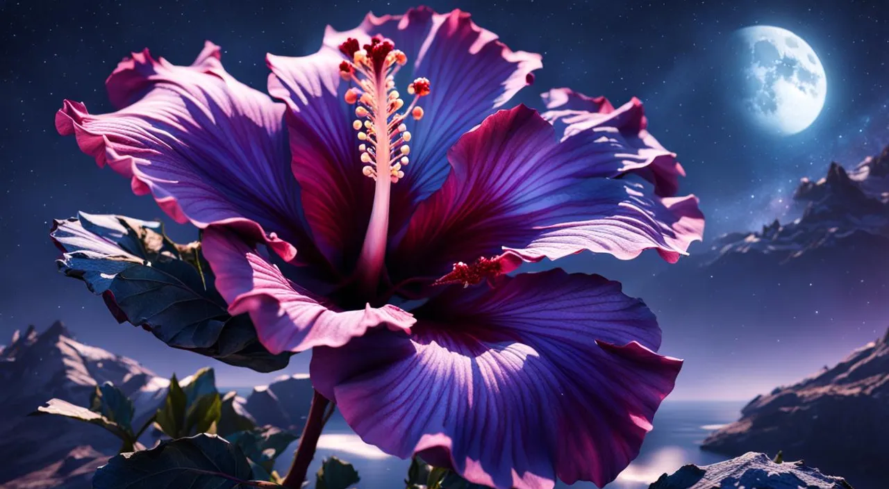 a purple flower with a full moon in the background, no camera motion