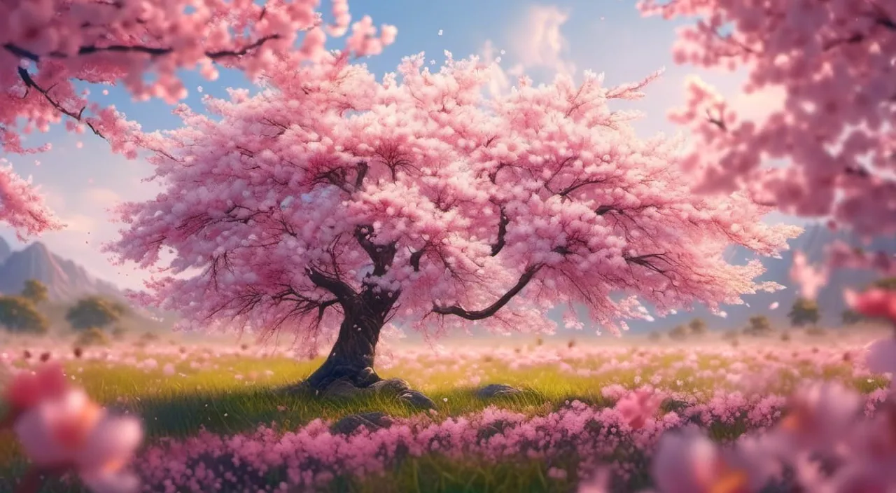 a painting of a pink tree in a field of flowers