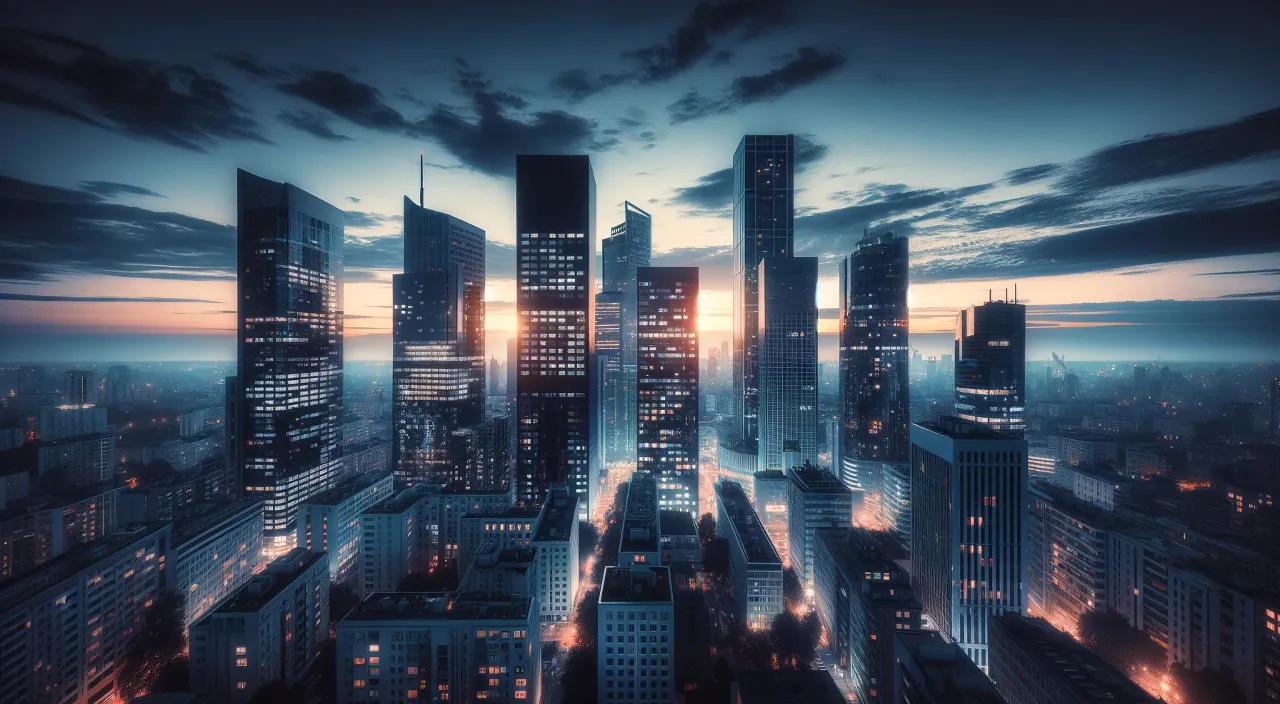 a view of a city at night from the top of a skyscraper at sunset