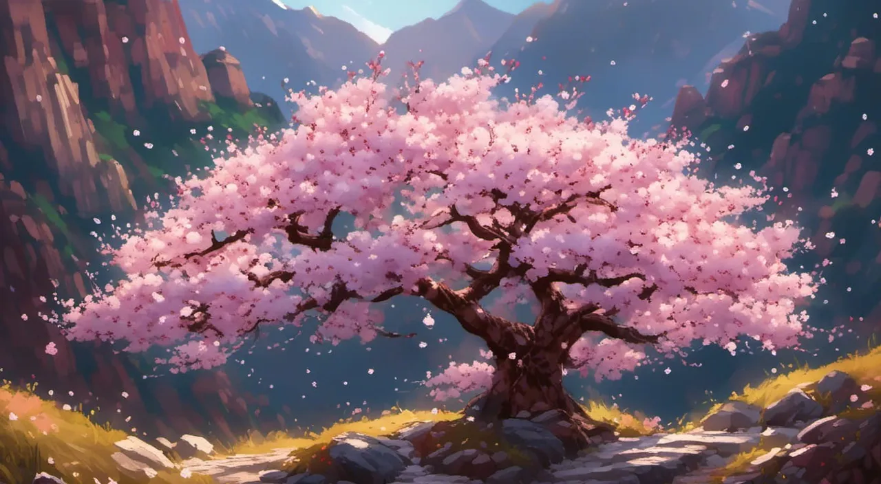 a painting of a pink tree in the mountains