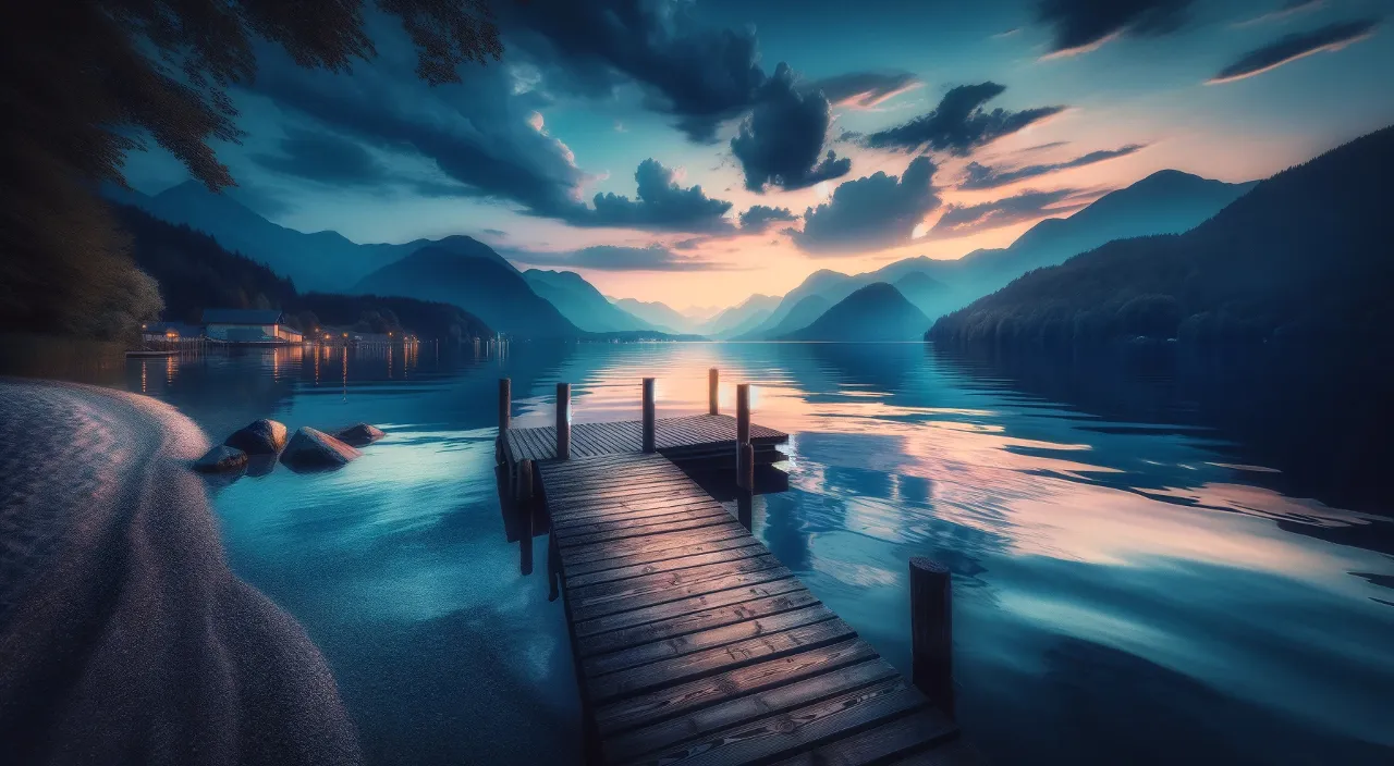 a wooden dock sitting on top of a lake under a cloudy sky