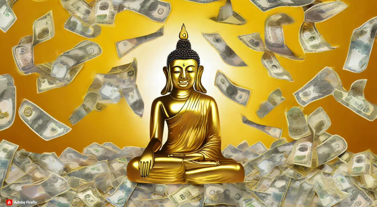 a golden buddha statue surrounded by money