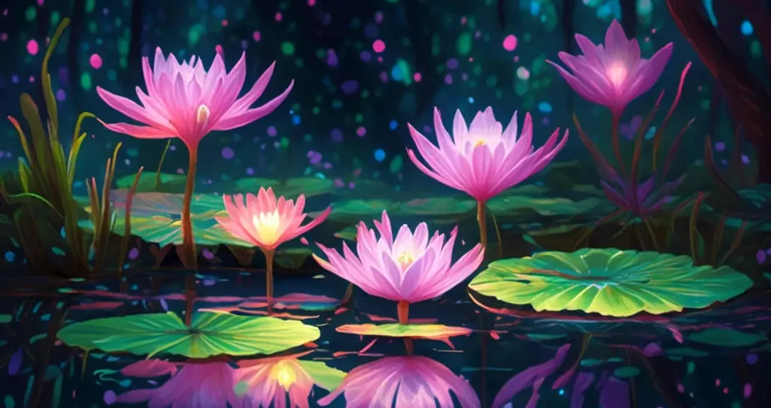 a painting of water lilies in a pond, No camera motion