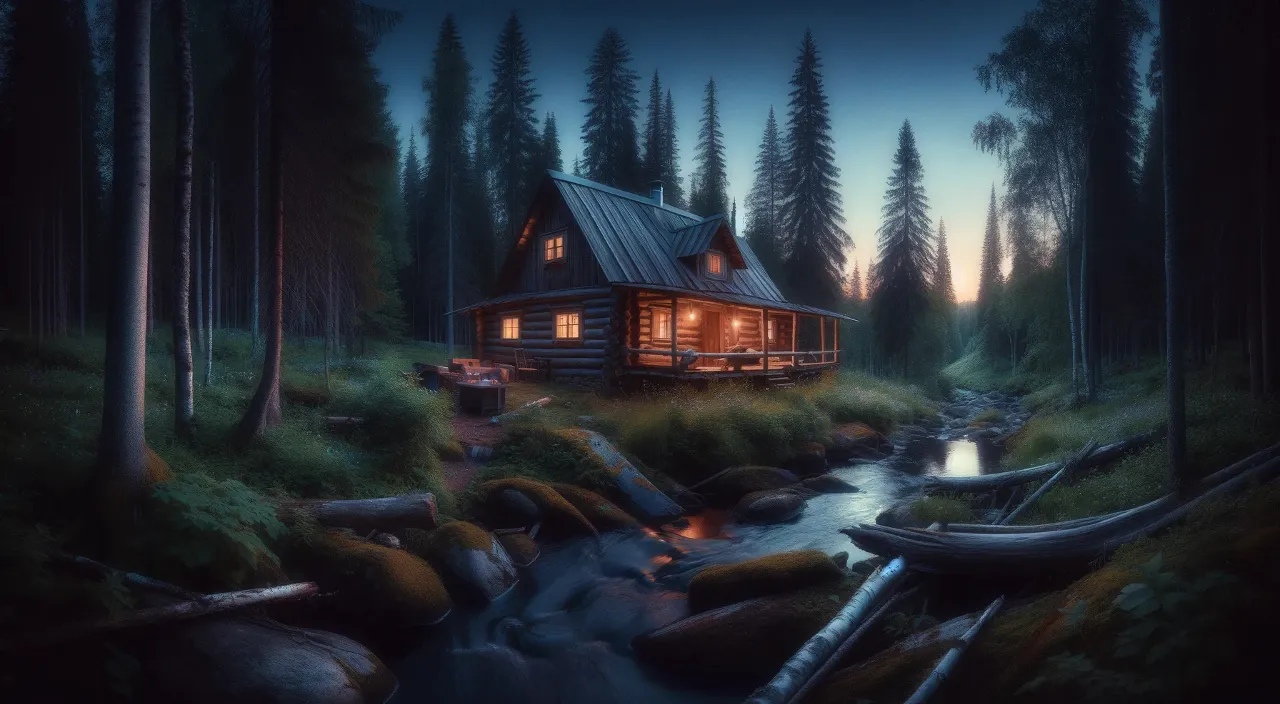 Cabin in the woods next to a flowing stream