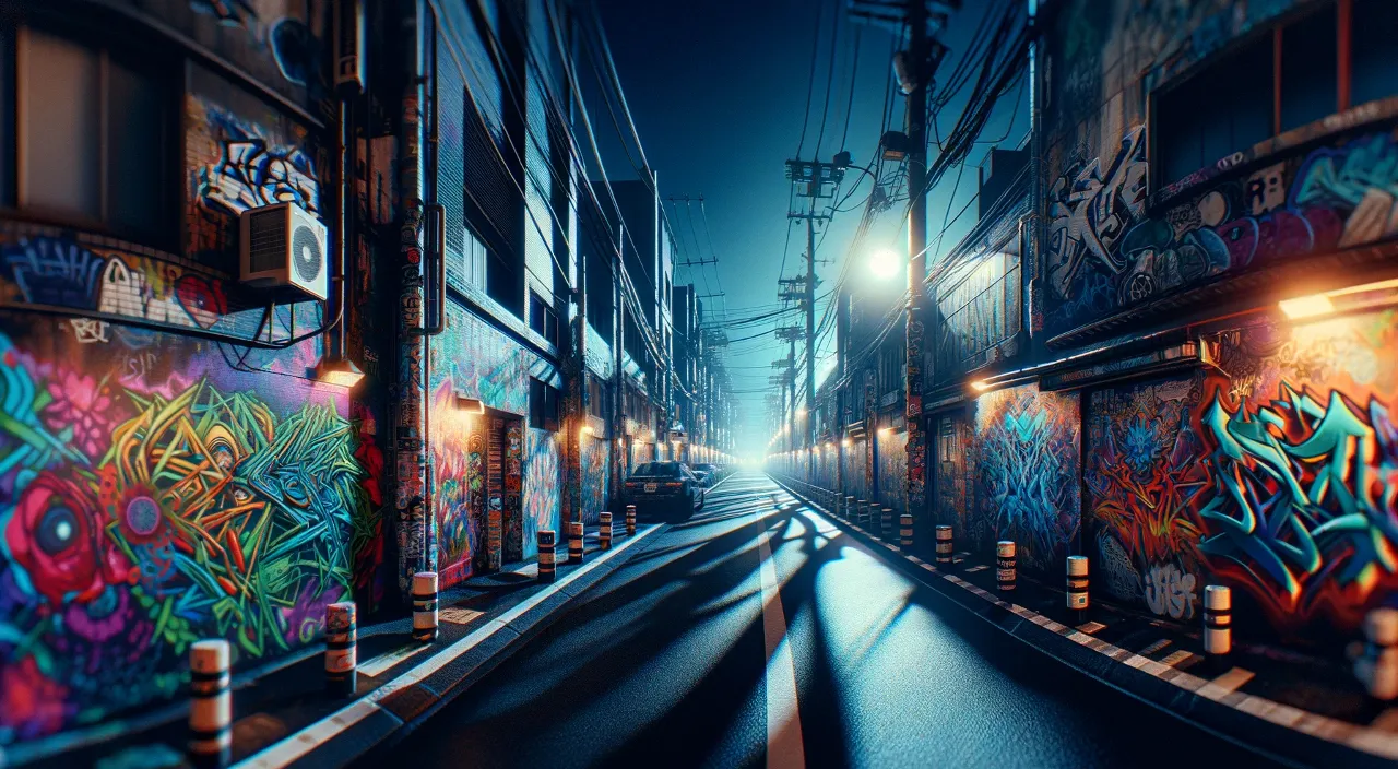 a vibrant art alley at night, showcasing intricate and colorful graffiti under ambient streetlights and subtle rain drops