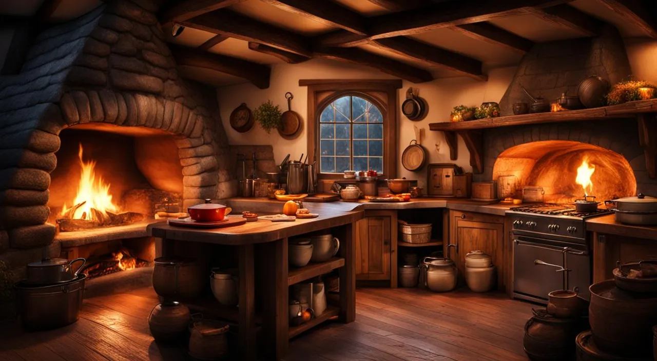 a kitchen with a fire in the fireplace