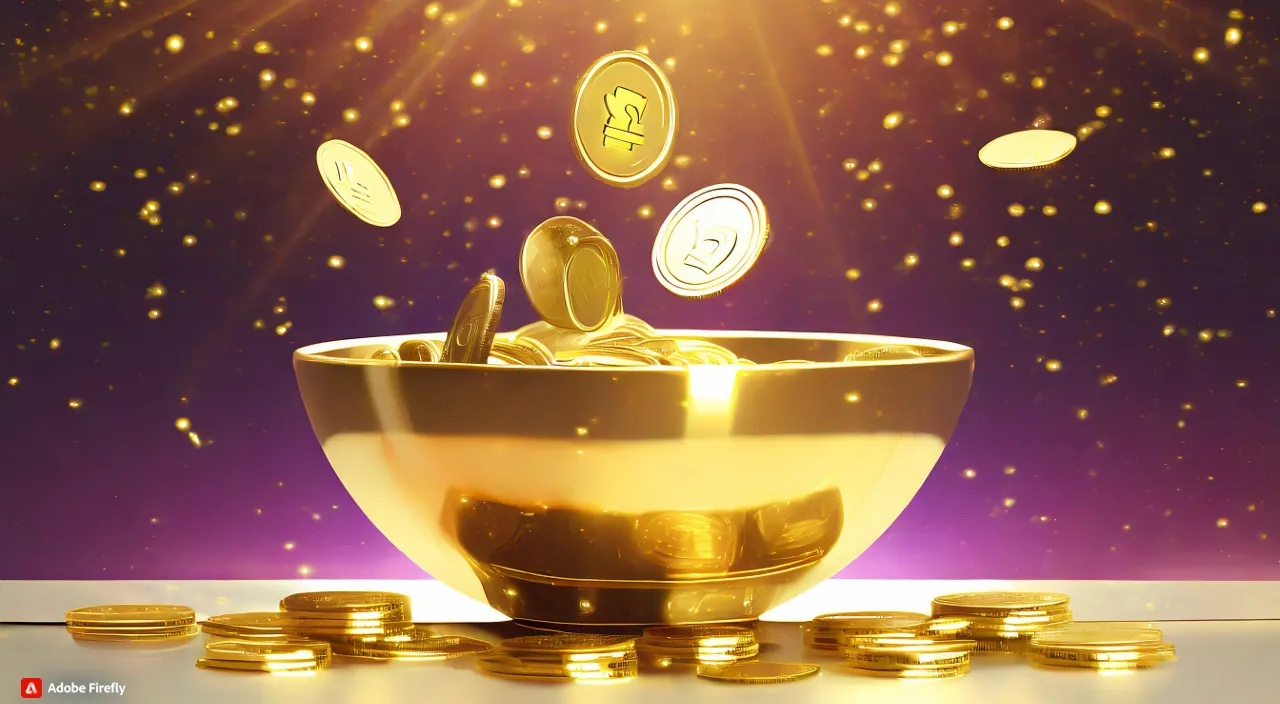 a golden bowl filled with gold coins street