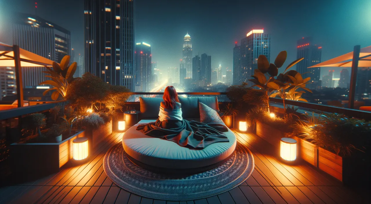 a woman sitting on a bed on top of a roof on a foggy night