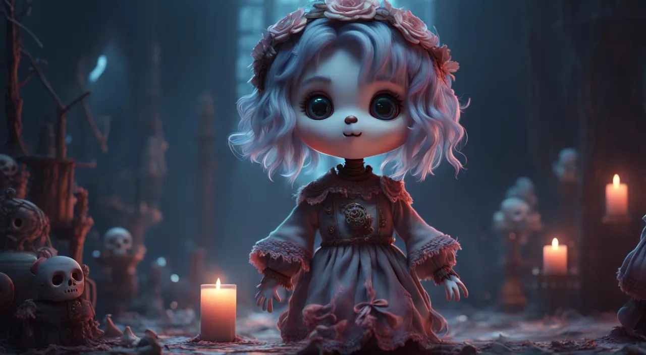 a little girl with pink hair standing in a dark forest