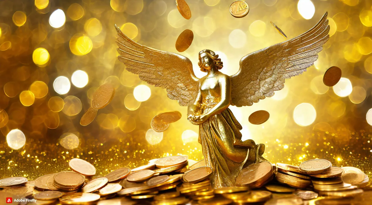 a golden angel statue sitting on top of a pile of coins