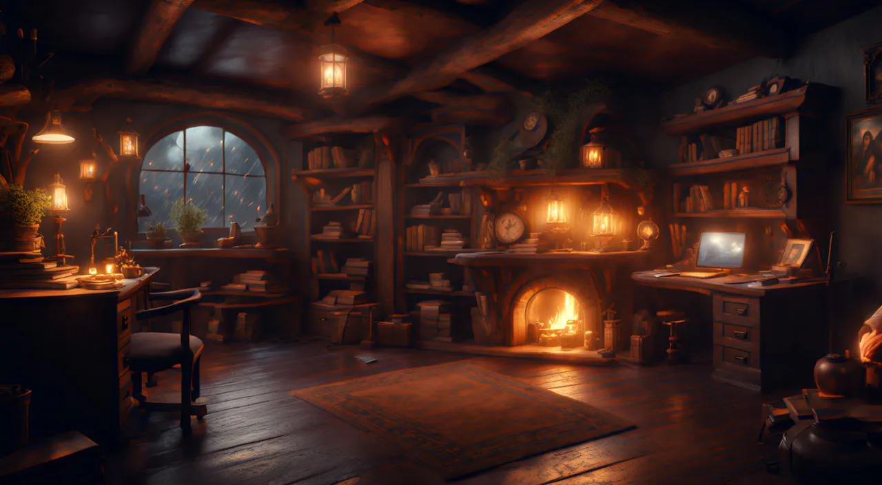 A cozy hobbit office on a rainy night