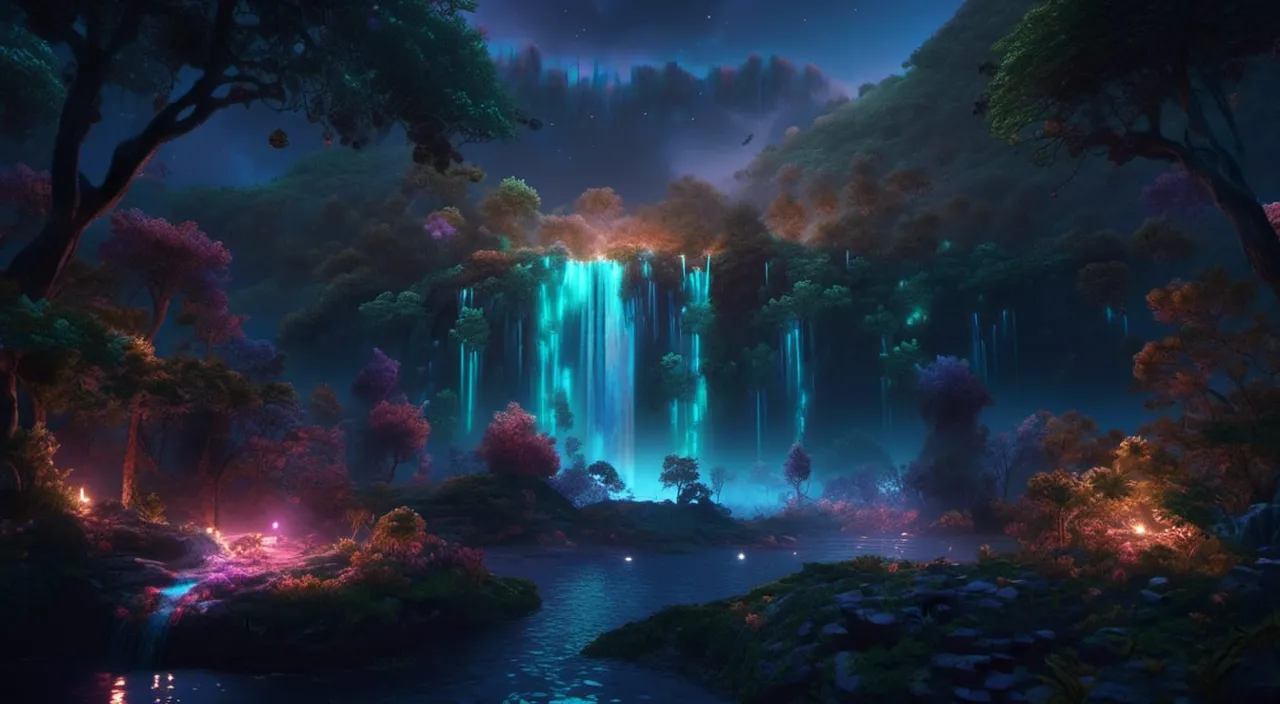 a painting of a waterfall in the middle of a forest, no camera movement