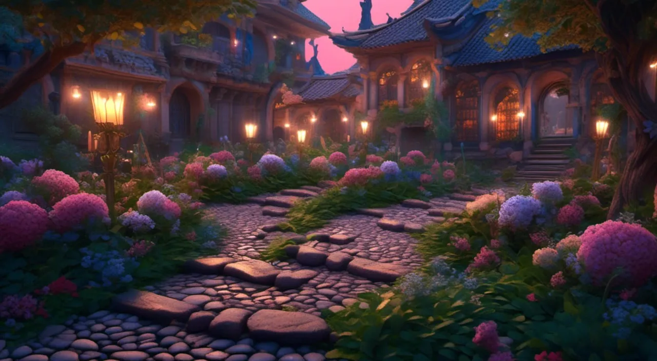 an animated scene of a cobblestone path in a garden, no camera motion