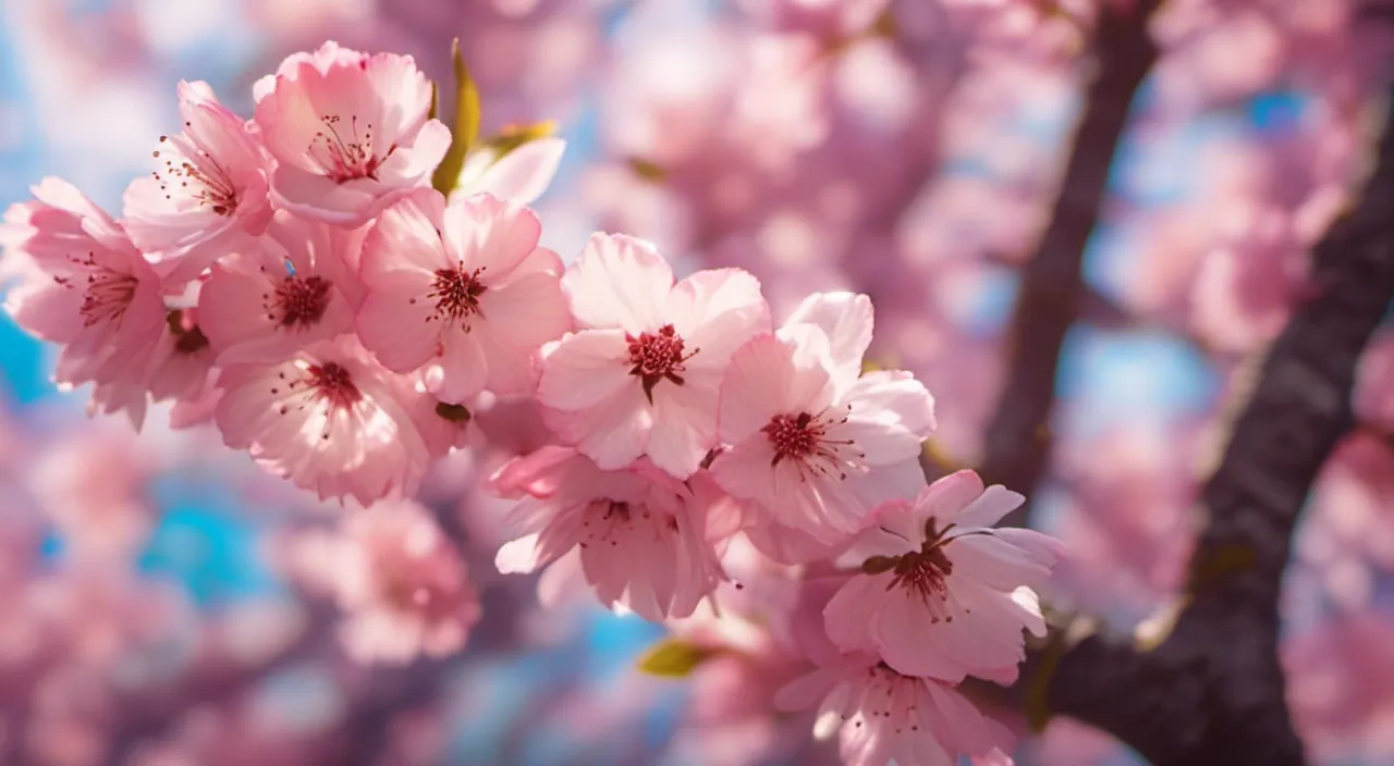 a close up of pink flowers on a tree blowing in the wind, no camera motion