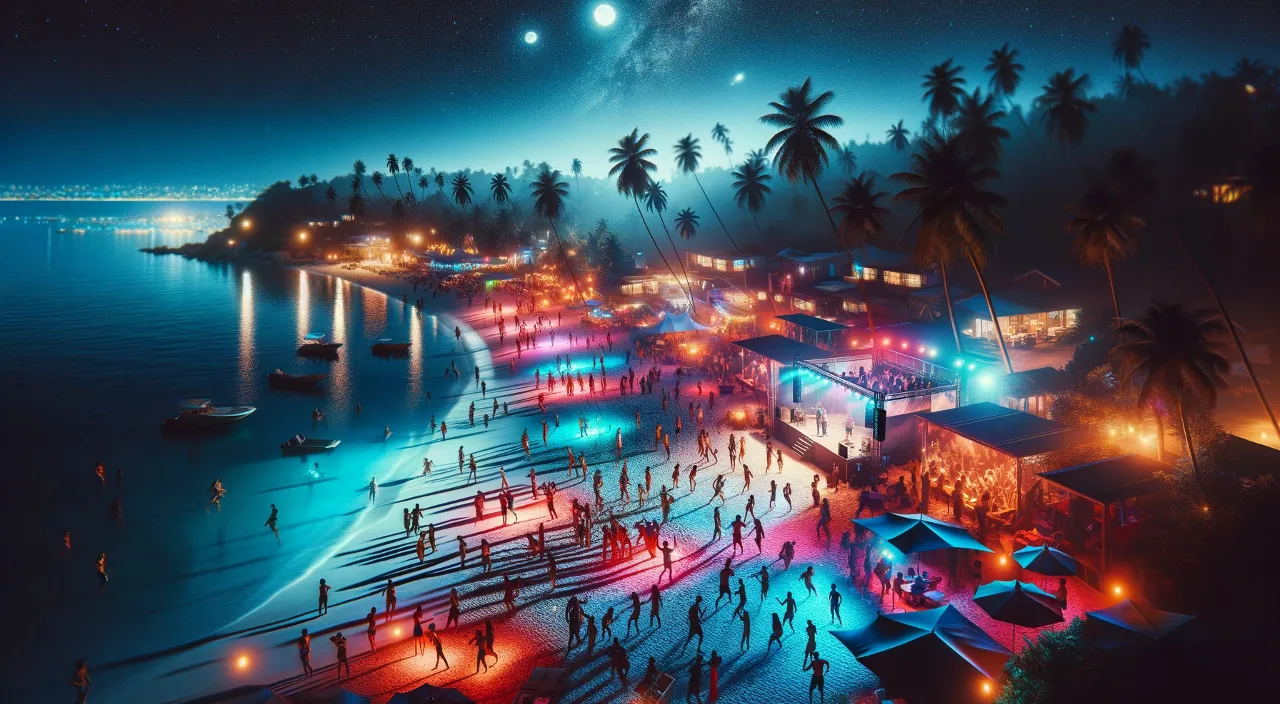 a painting of a beach at night with a lot of people