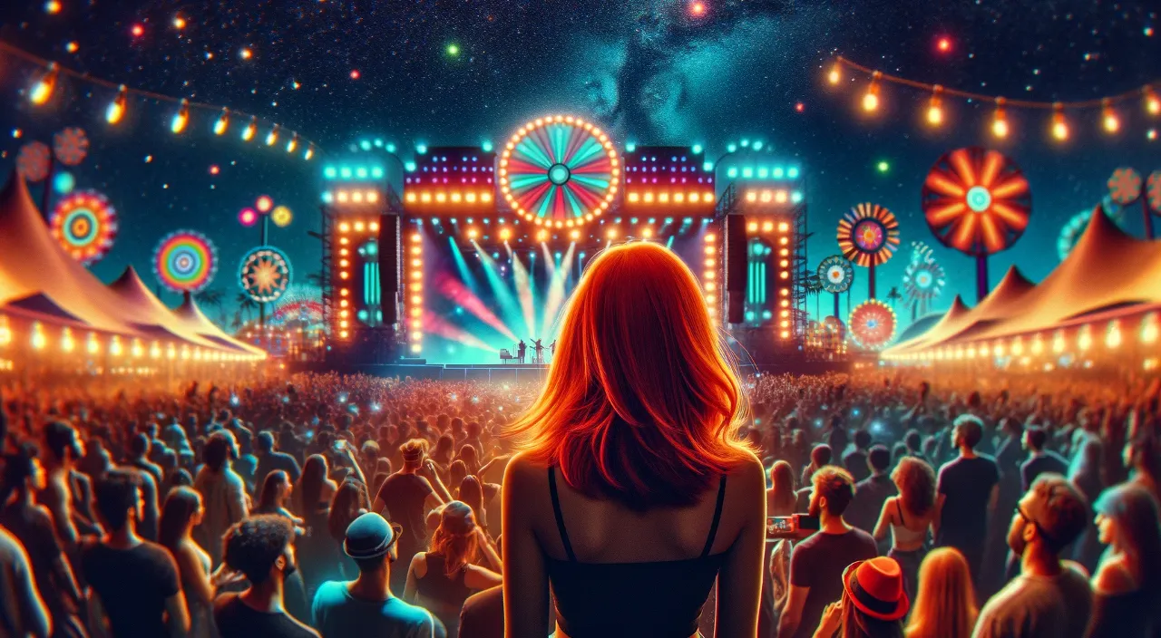 a woman standing in front of a crowd of people at a vibrant music festival at night